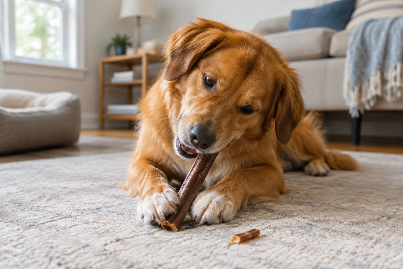 A dog chews a bully stick alone on the floor of a living room.