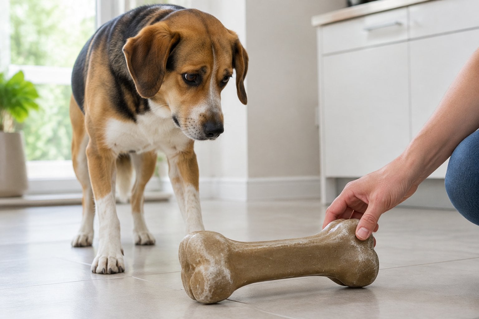 A dog hesitates beside a large, hard nylon chew bone as an owner reaches to move it away.