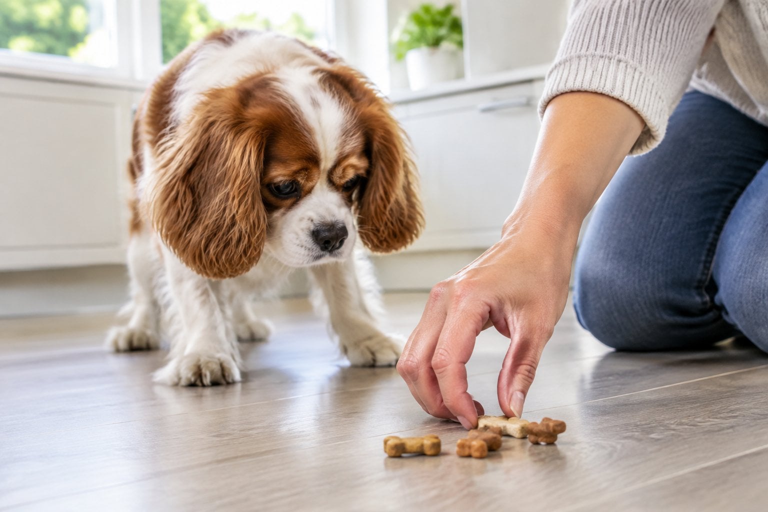 A person keeps a dog away from treats on a kitchen floor.