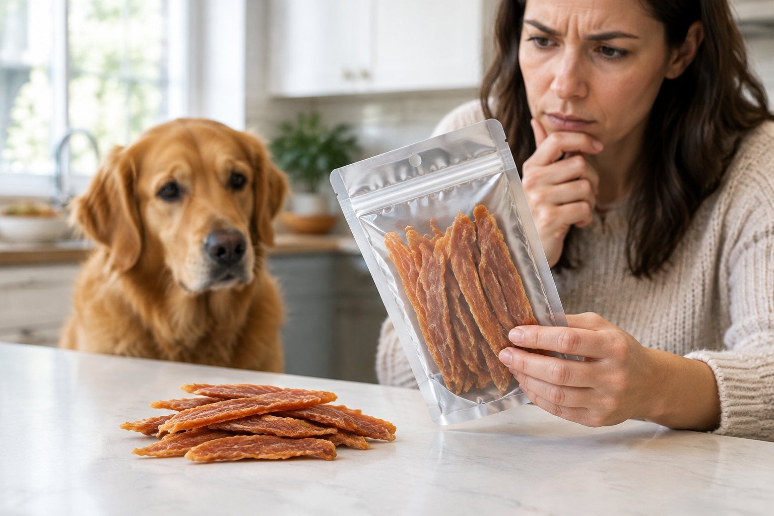 A dog watches as its owner examines a pouch of chicken jerky treats.