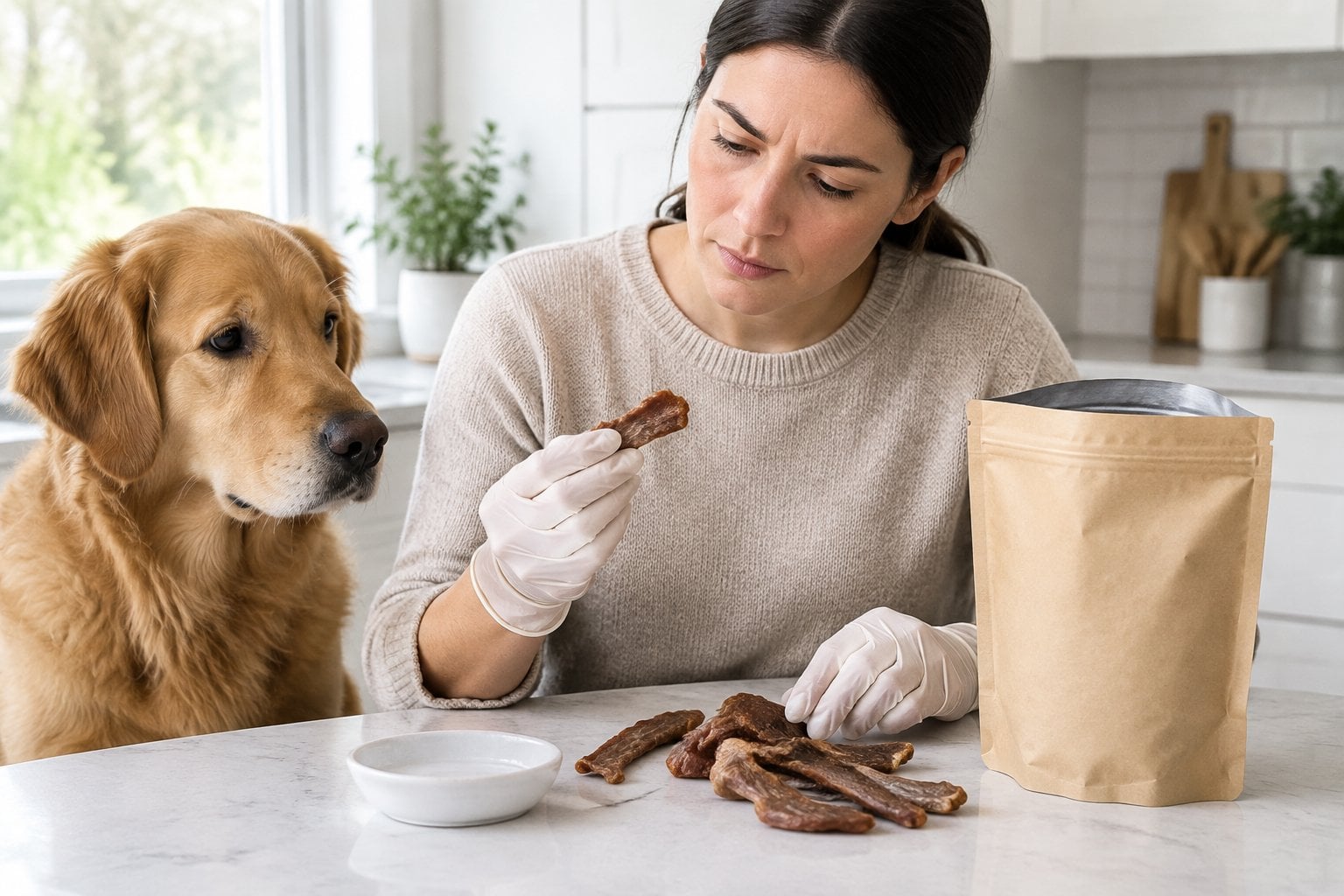 A dog owner examines dried treats while a dog waits nearby.
