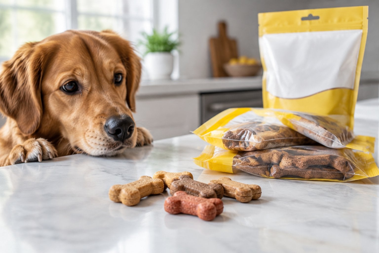 A dog looks at a small pile of treats beside a blank package on a kitchen counter.