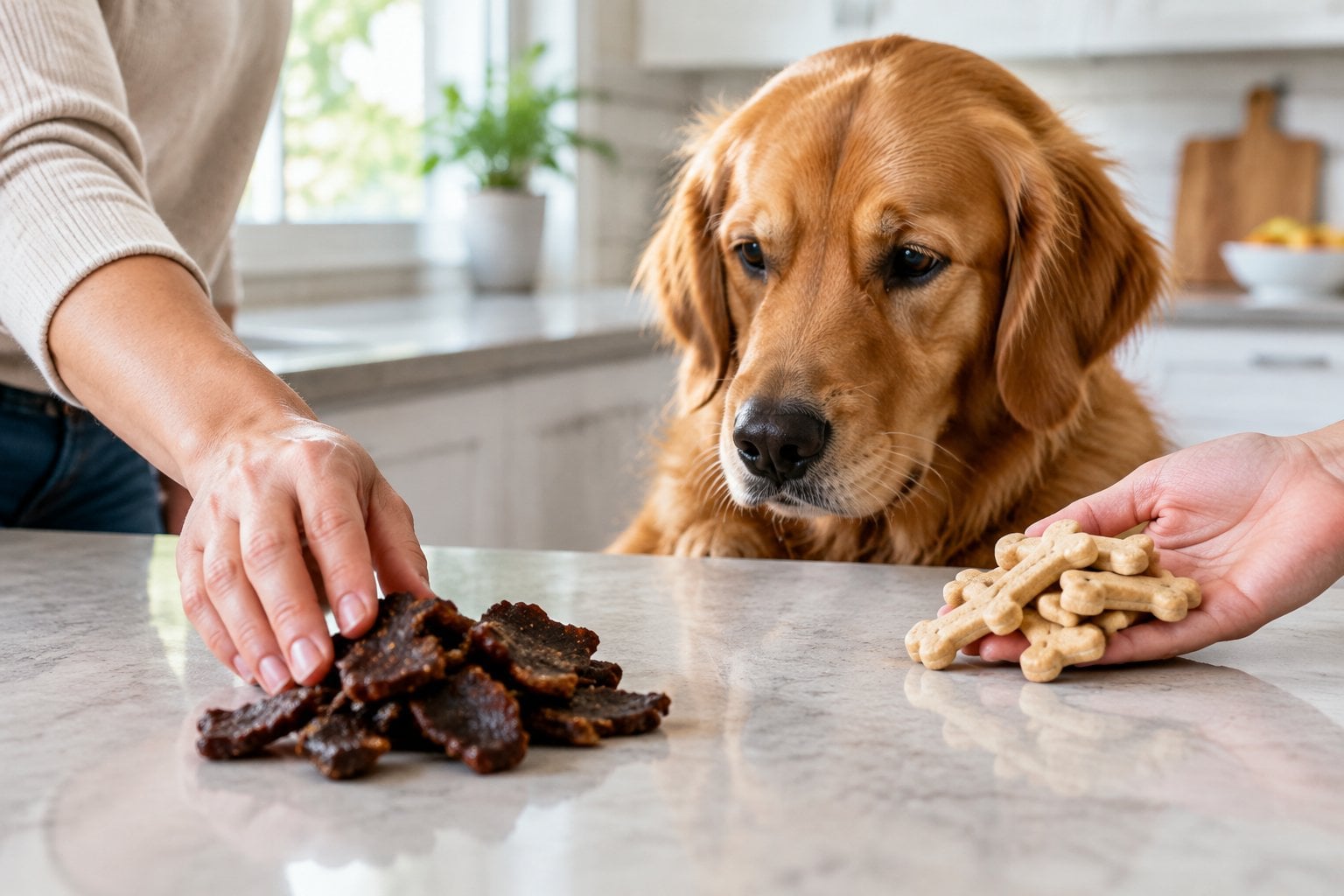 A dog watches as an owner moves seasoned meat treats away and offers a plain snack.