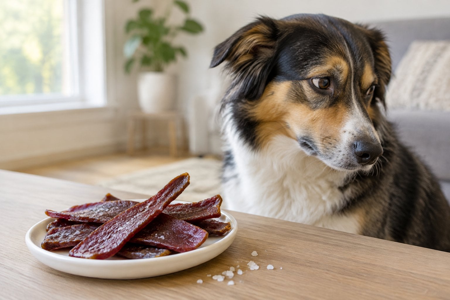A dog turns away from dark jerky treats on a dish.