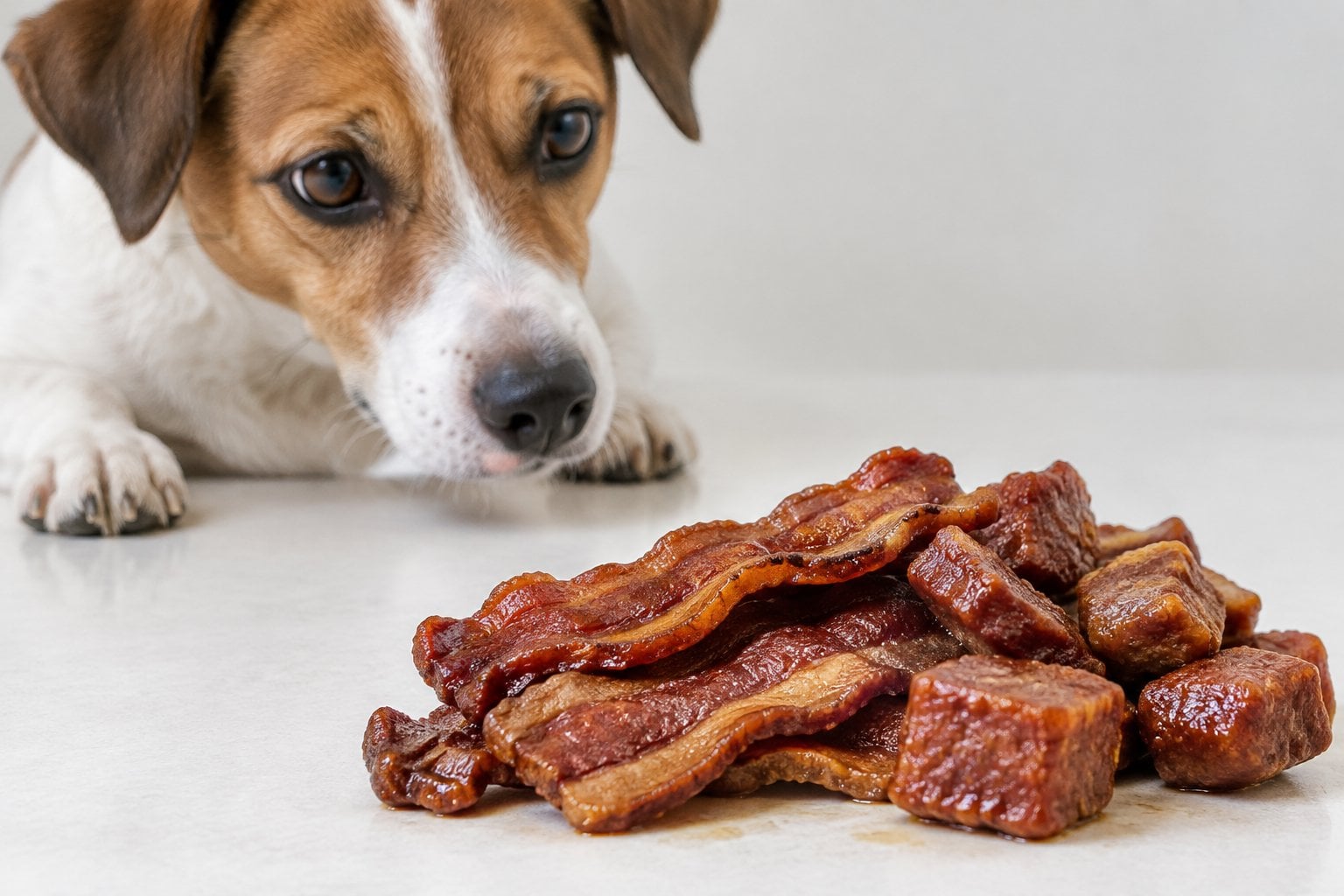 A dog looks at a pile of bacon-shaped treats.