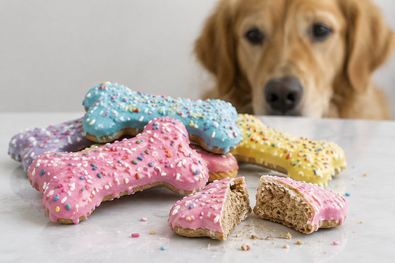 Frosted bone-shaped dog biscuits arranged on a surface.