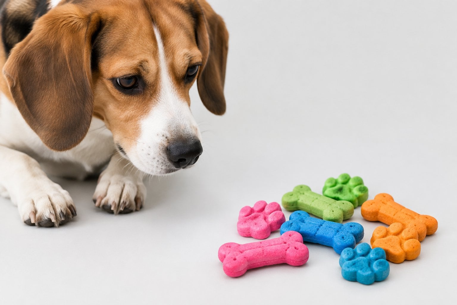 A curious dog looks at brightly colored bone-shaped biscuits arranged on a surface.