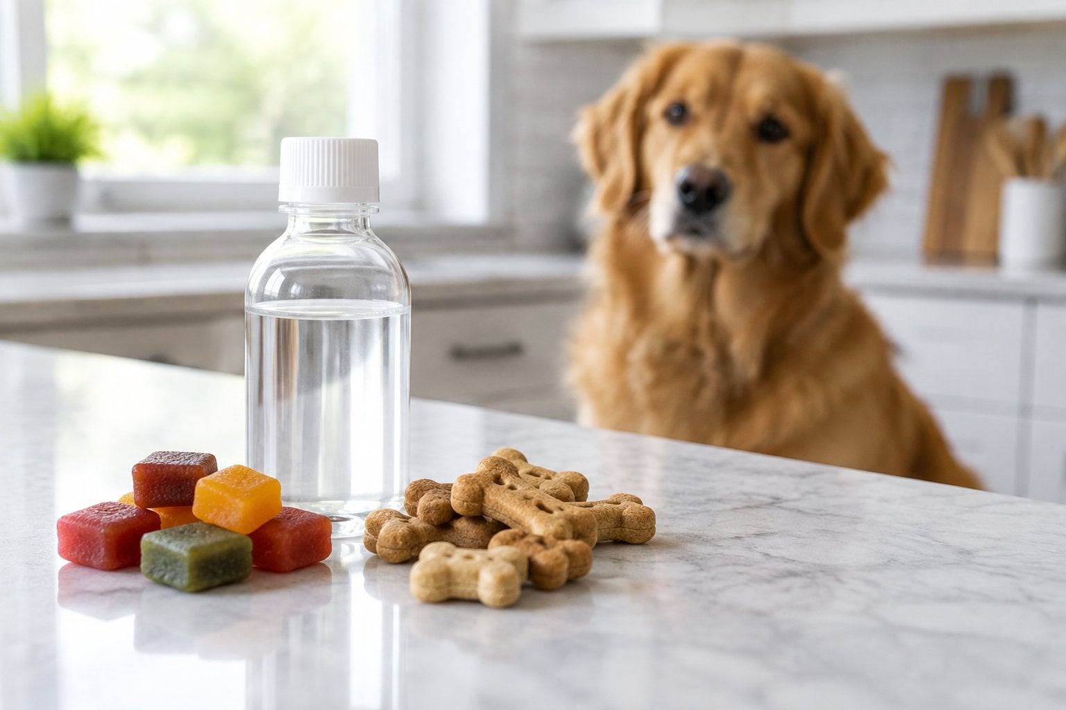 Dog treats and an unmarked bottle sit on a kitchen counter as a dog watches from nearby.