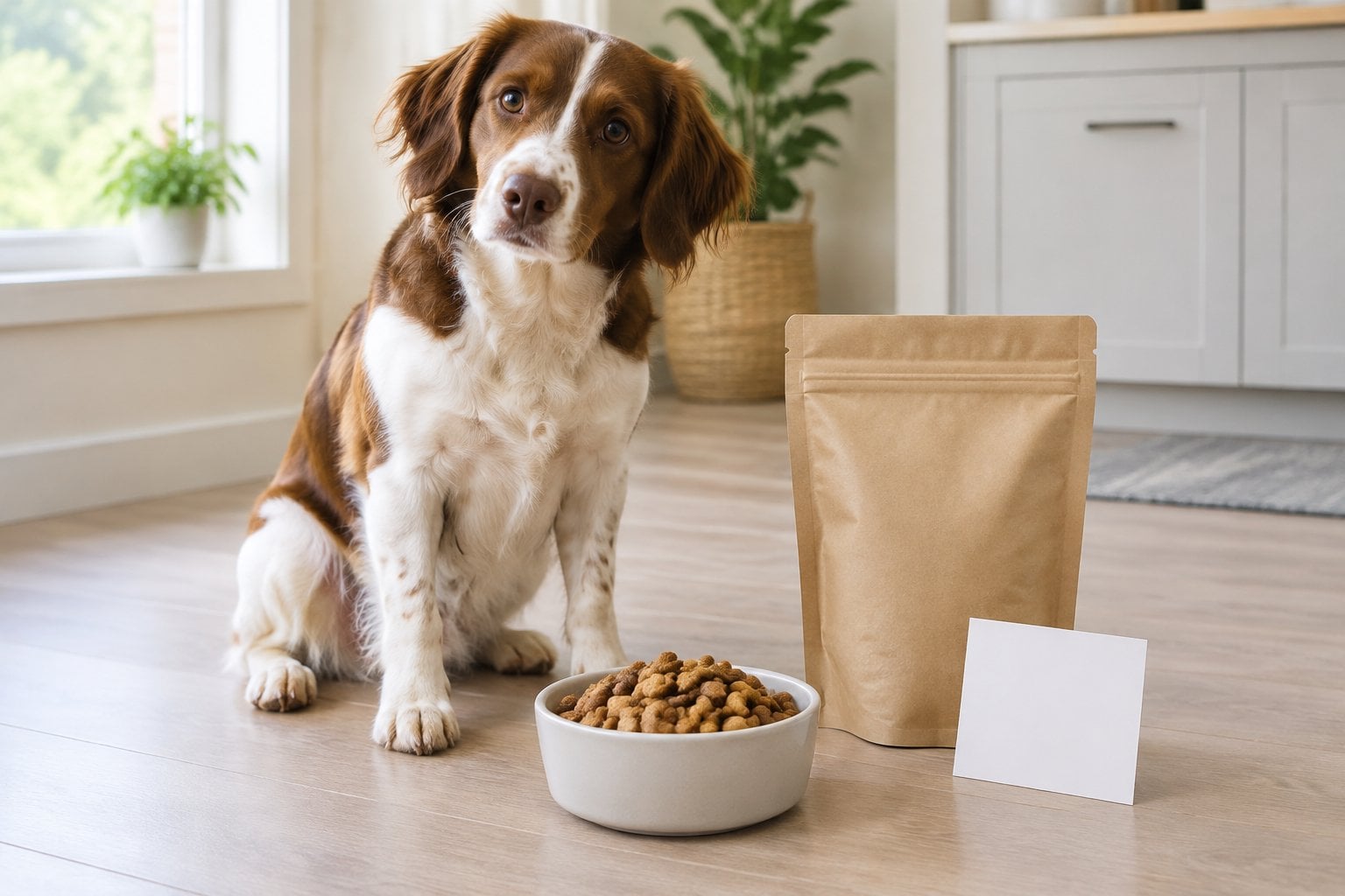 A brown-and-white dog sits beside a bowl of dog treats and a plain pouch.