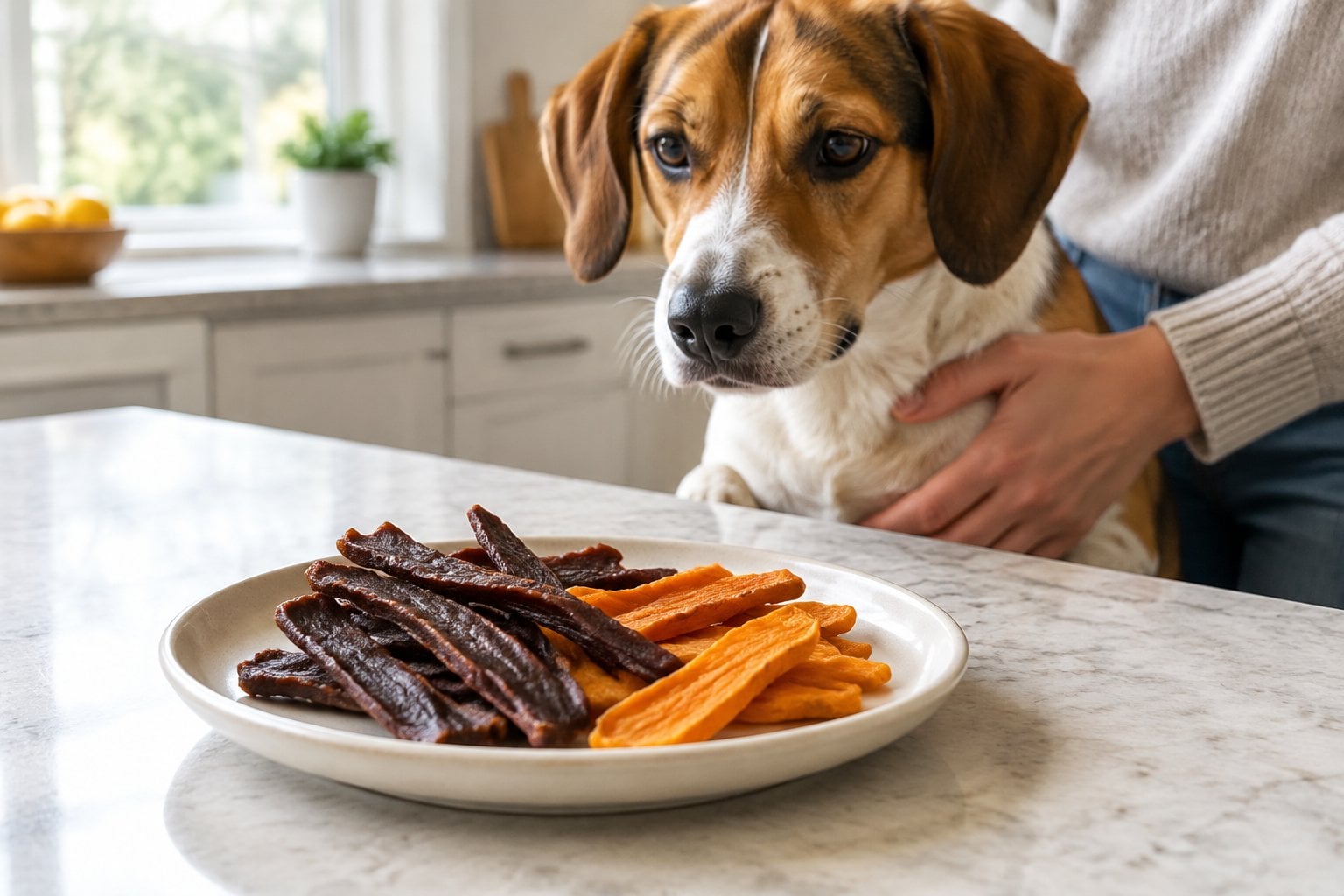 Duck and sweet potato jerky treats sit on a plate beside a dog.
