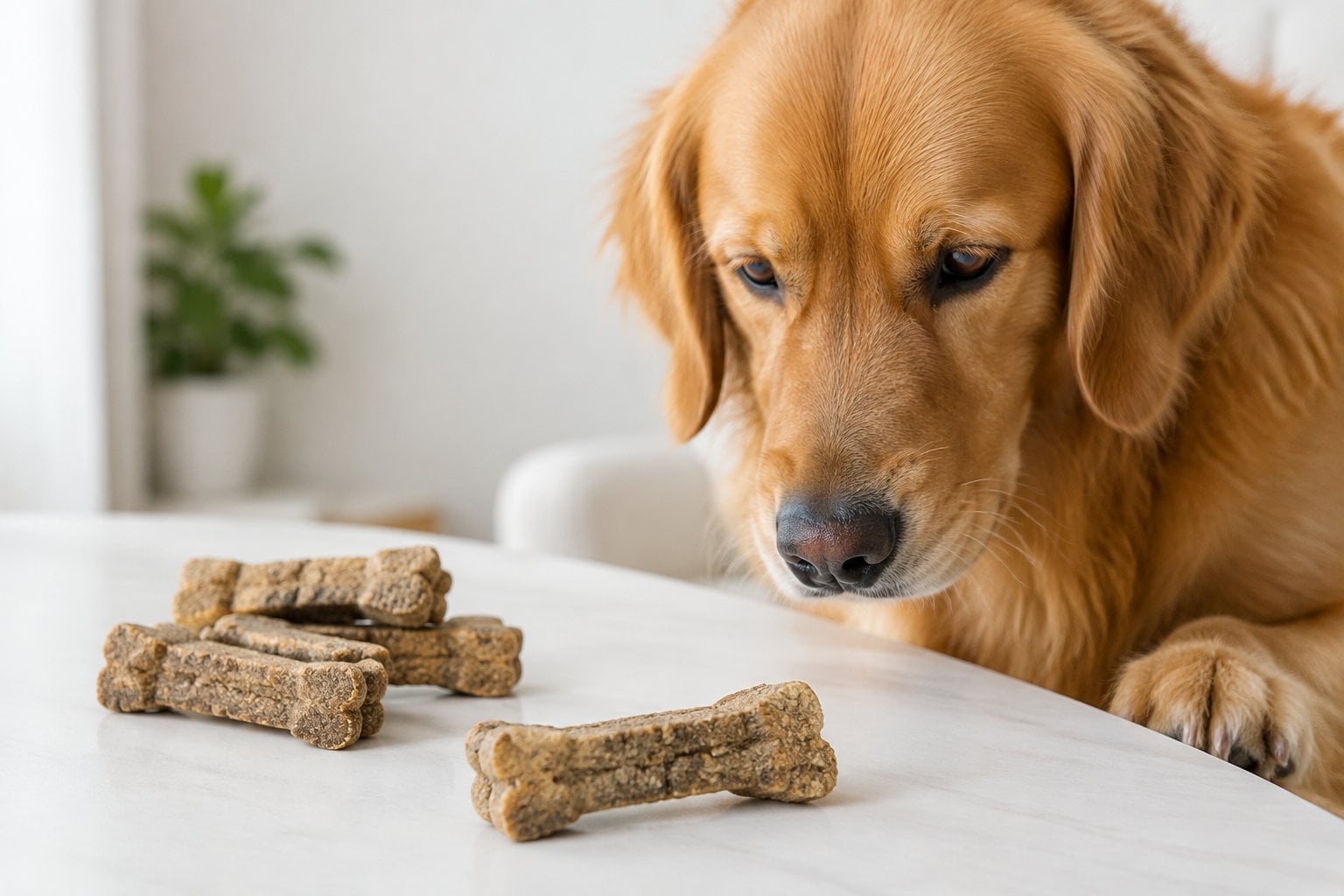 A dog cautiously inspects several bone-shaped dental treats on a table.