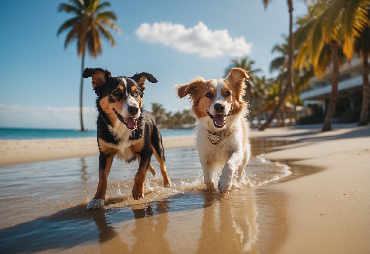 Dogs playing on a sandy beach with palm trees and clear blue water in the background