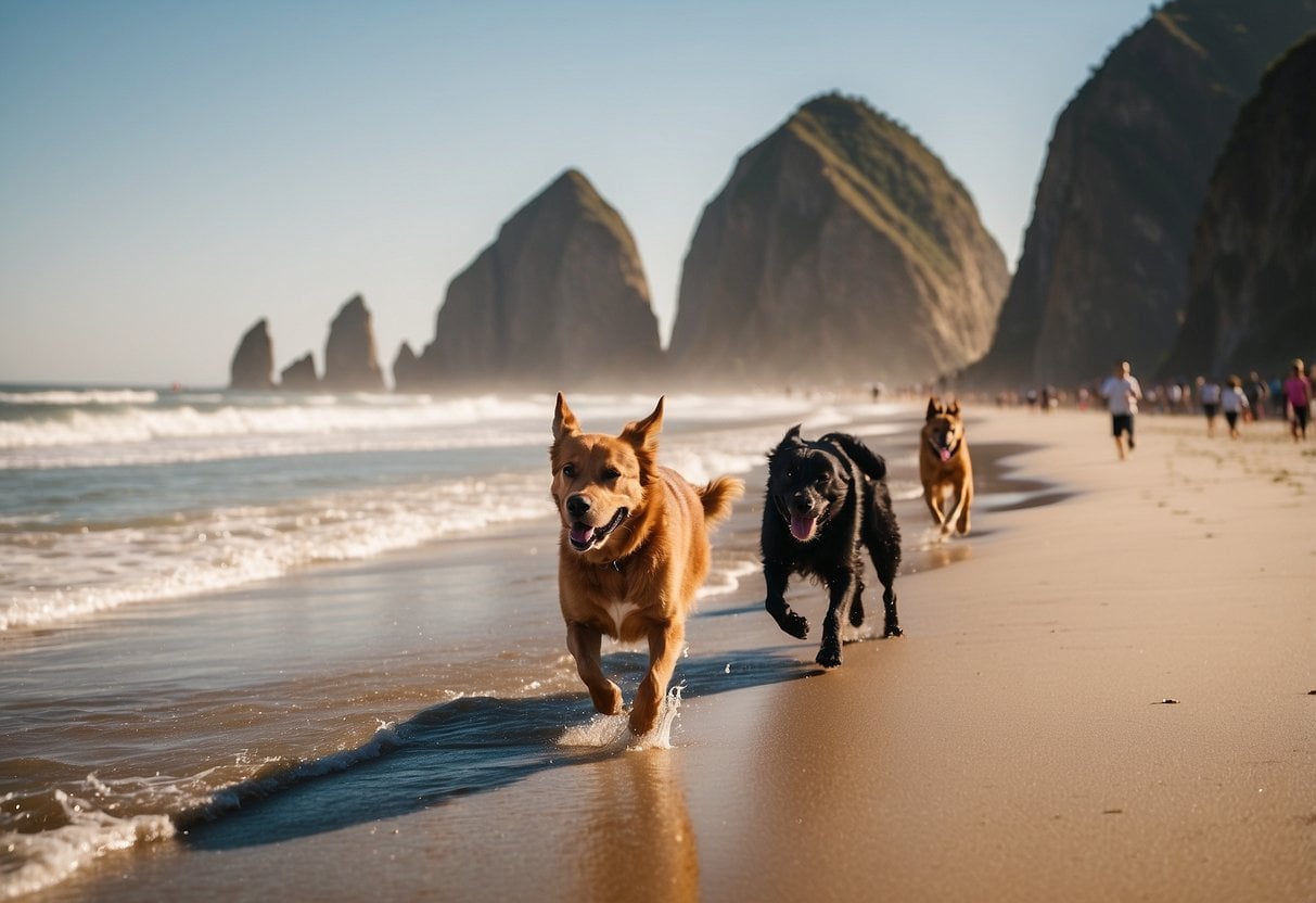 Golden sand stretches along the coast, framed by rugged cliffs and the iconic Haystack Rock. Dogs frolic in the waves, while families relax on the shore