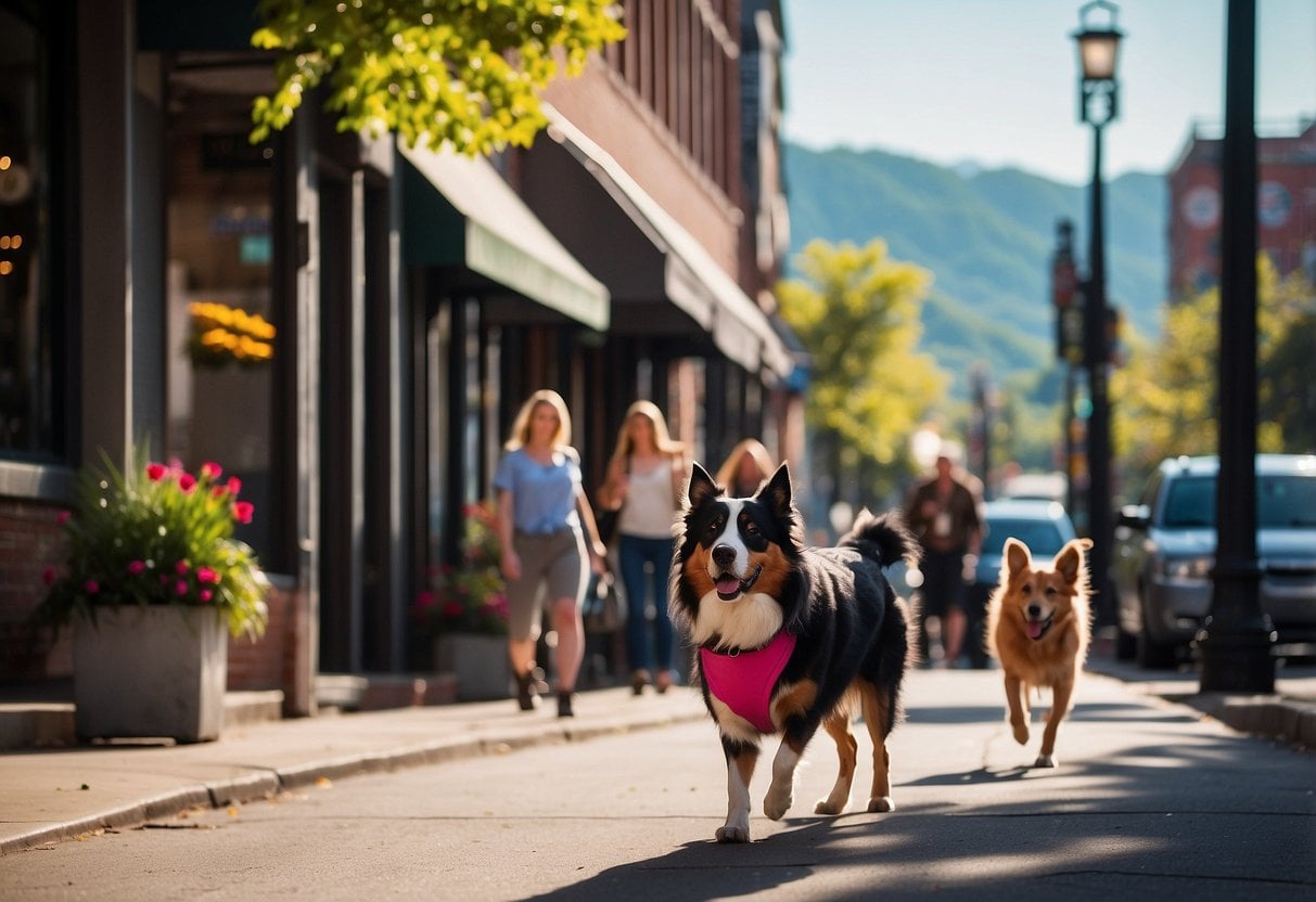 A bustling street in Asheville, NC with colorful storefronts and happy dogs walking with their owners. The sun shines down on the vibrant city, with mountains in the background