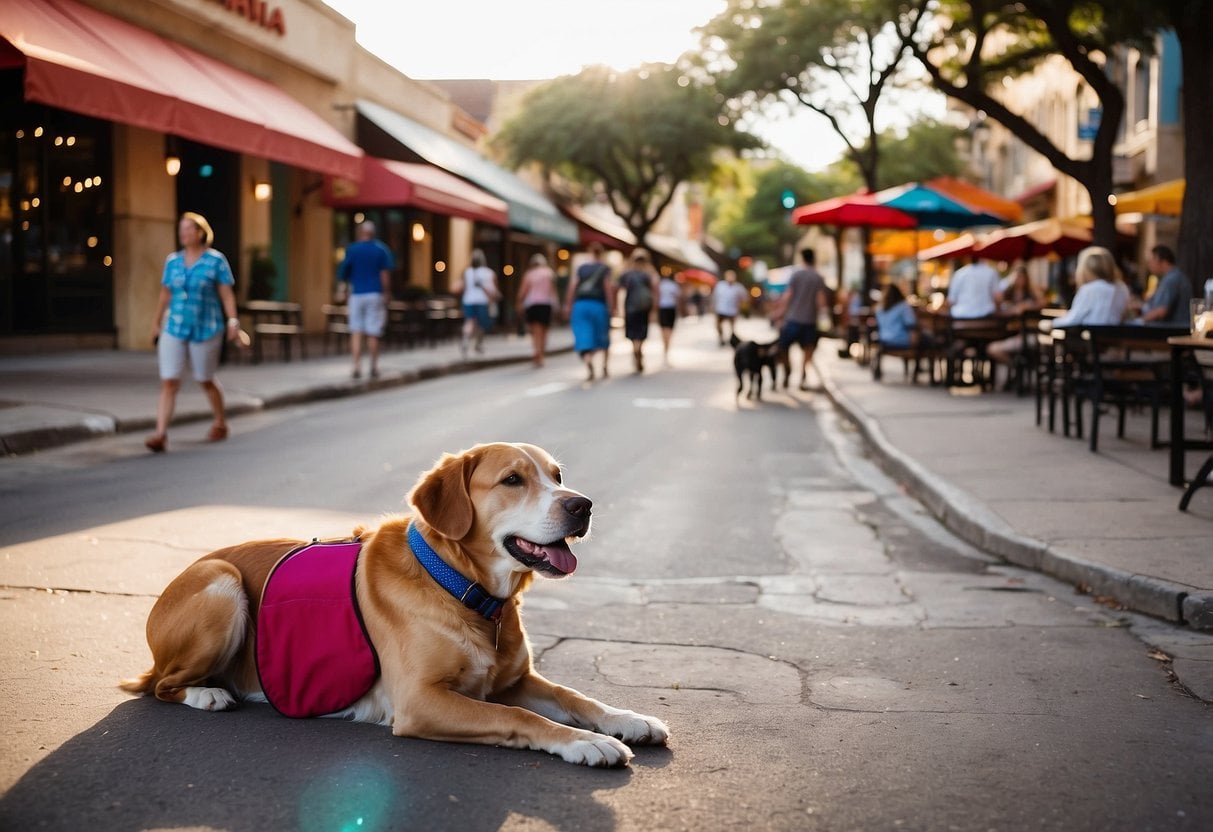 A bustling street in Austin, Texas with colorful signs and outdoor cafes, where dogs are welcomed with water bowls and treats