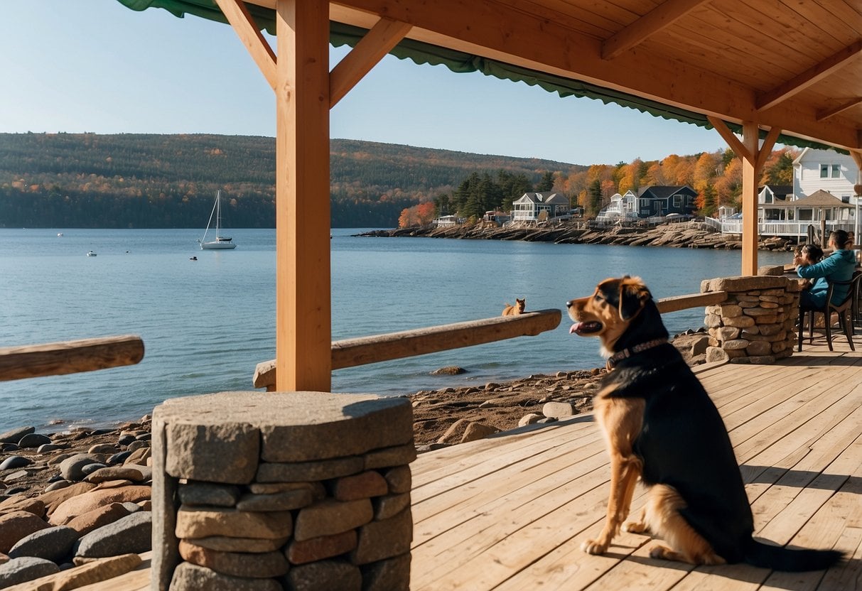 A scenic view of Bar Harbor, Maine with dogs frolicking on the beach and families enjoying outdoor activities in the background