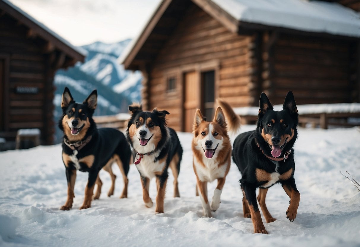 A group of dogs play in a snowy mountain town, with cozy cabins and a scenic backdrop of the Rocky Mountains in Telluride, Colorado