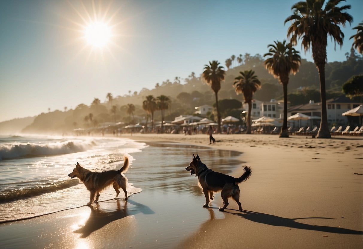 A sunny beach with palm trees and dogs playing in the sand, a sign reads "Santa Cruz, California 20 Dog-Friendly Vacation Destinations."