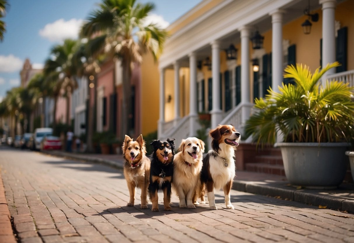 A sunny street in Charleston, dogs happily explore. Colorful buildings line the road, with palm trees swaying in the breeze. A welcoming, pet-friendly atmosphere fills the air