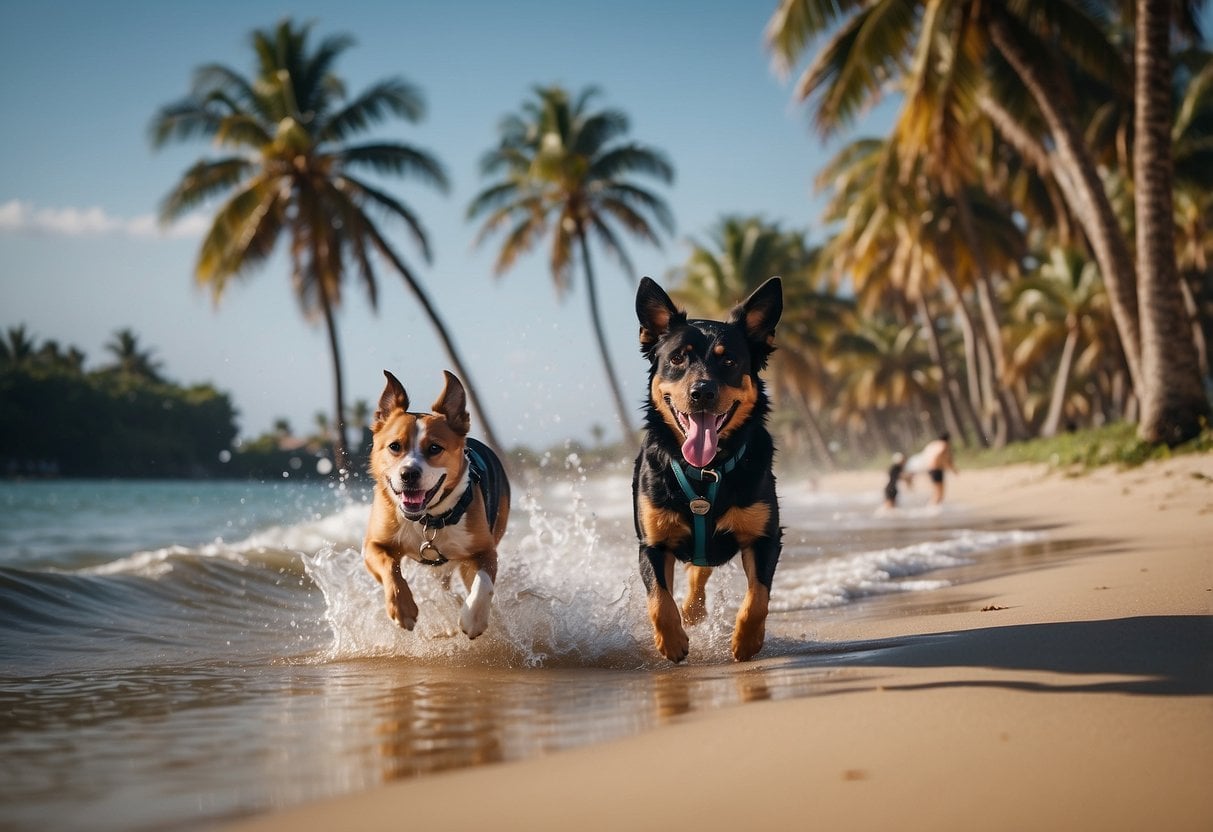 A sandy beach with palm trees, a blue sky, and a few dogs playing in the waves