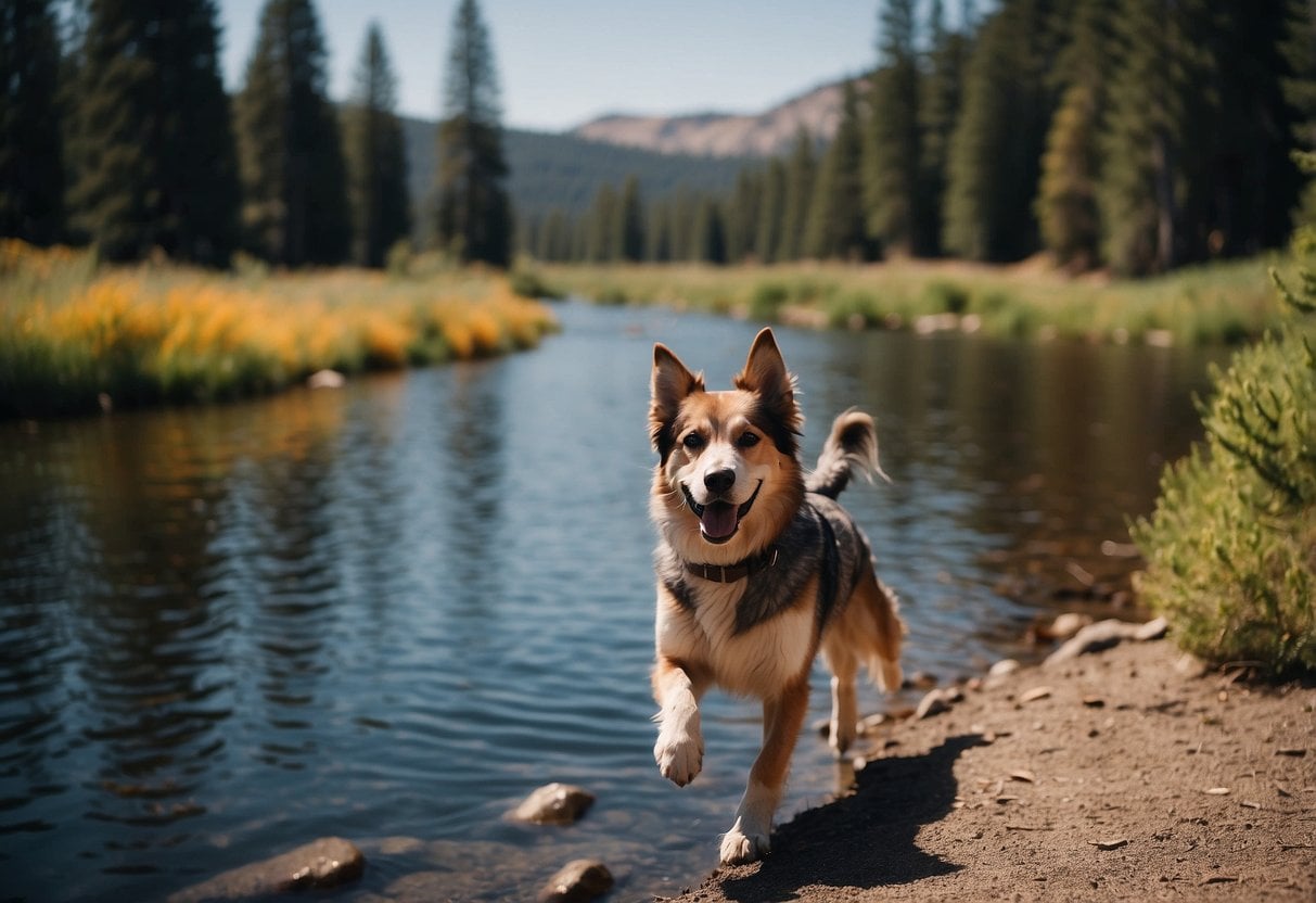 A scenic view of Bend, Oregon with mountains, pine trees, and a river, with dogs playing and running freely in the open space