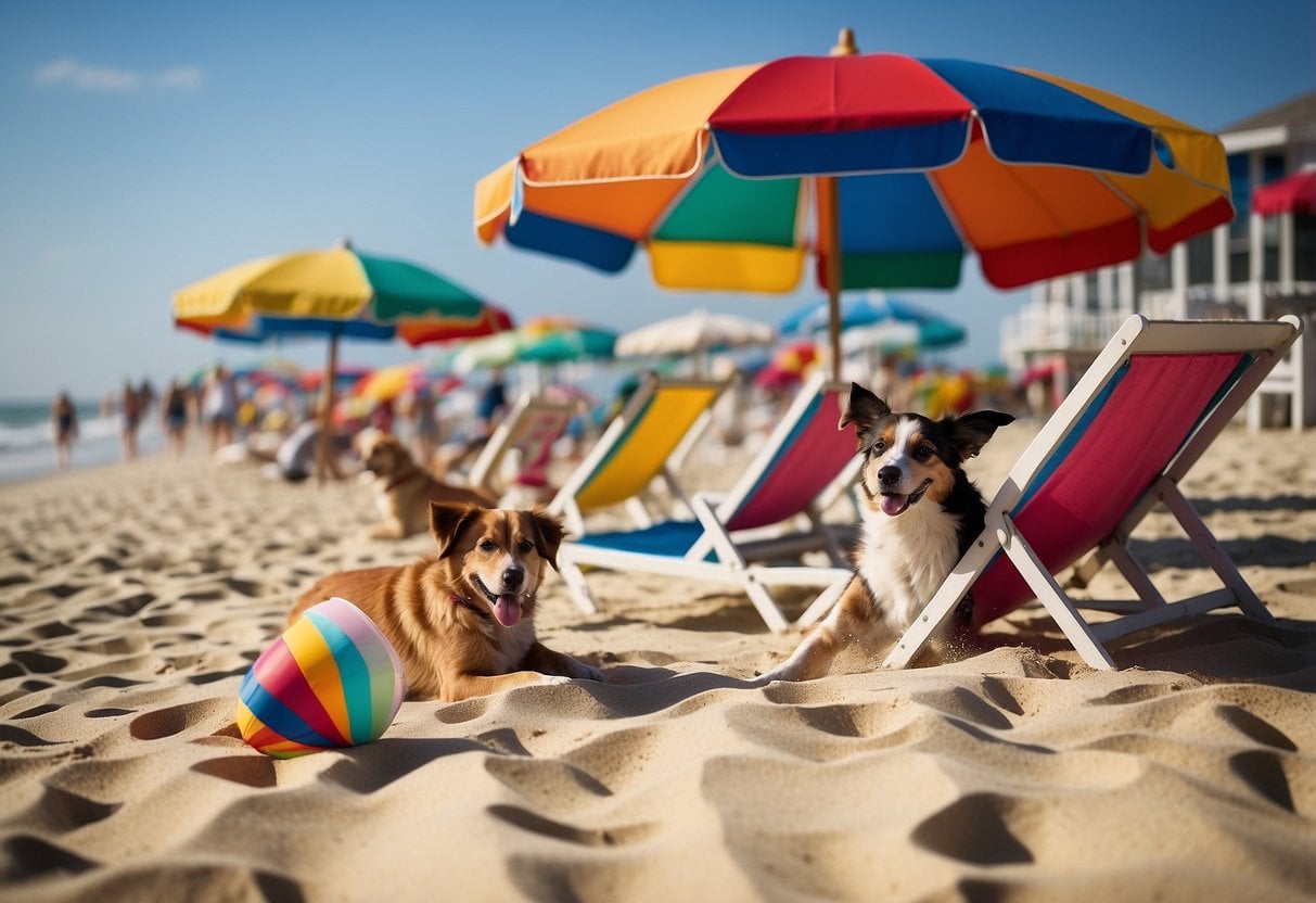 A sandy beach with colorful beach umbrellas and happy dogs playing in the surf on Nantucket Island, Massachusetts