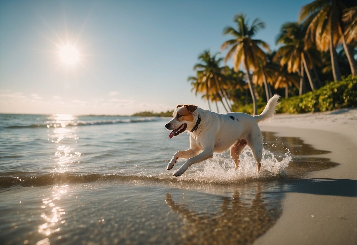 A sandy beach on Sanibel Island, with palm trees and a calm ocean. A few dogs playfully run and splash in the shallow water