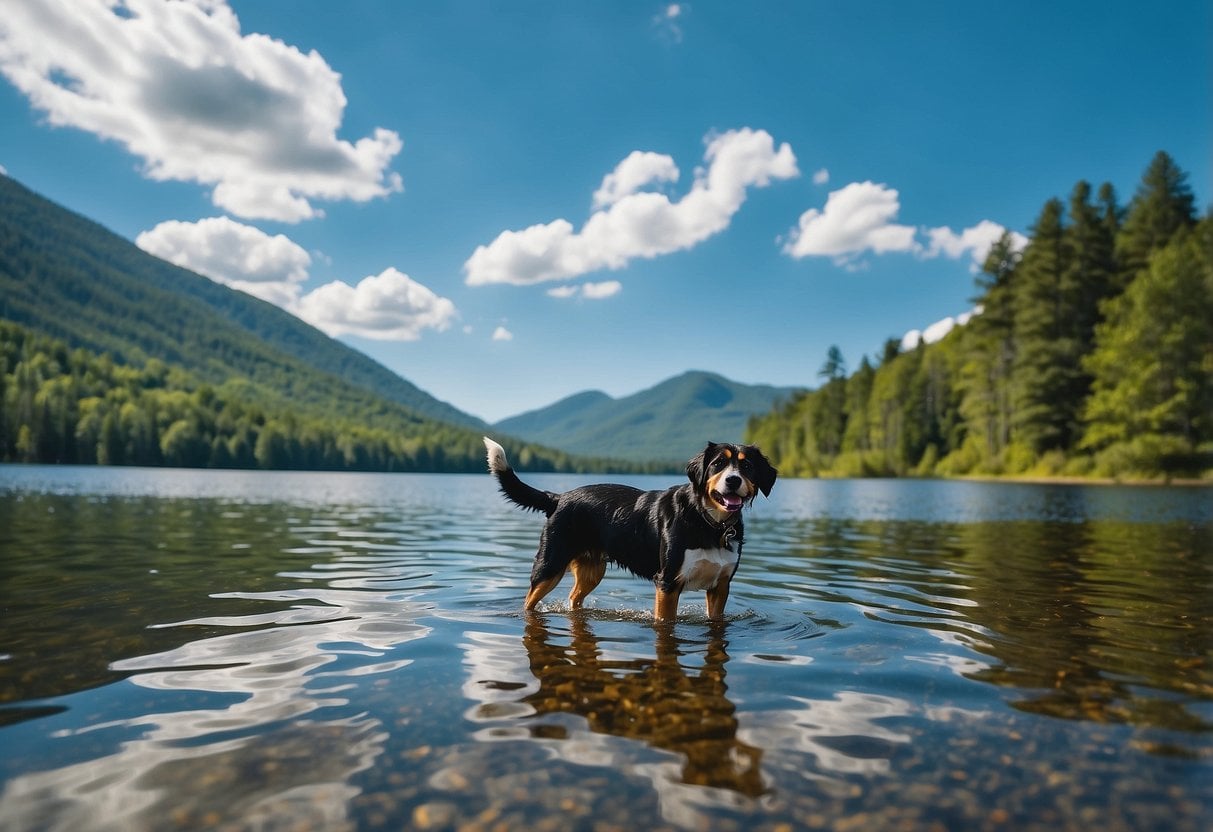 A serene lake surrounded by lush green mountains in Lake Placid, New York. Dogs happily playing in the clear water under a bright blue sky