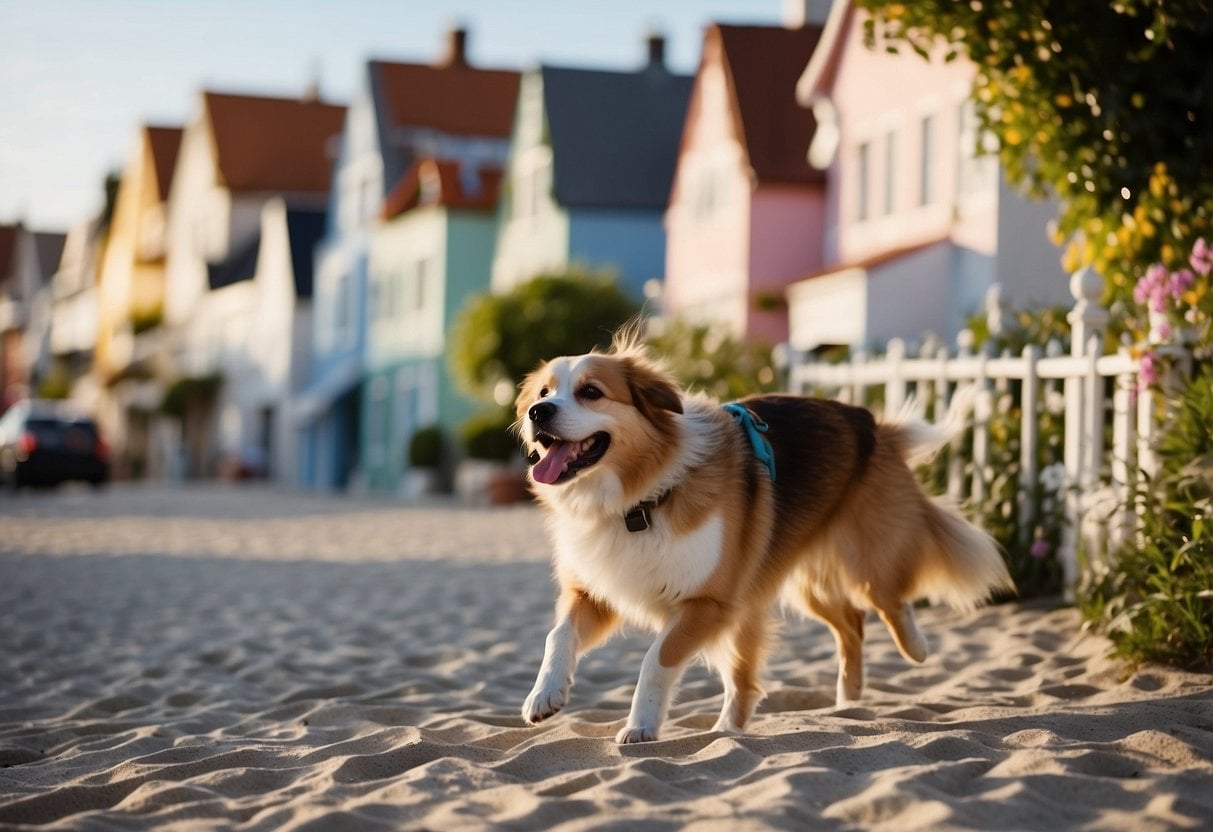 A picturesque coastal town with colorful cottages, sandy beaches, and lush greenery. Dogs frolic in the waves and stroll along the charming streets