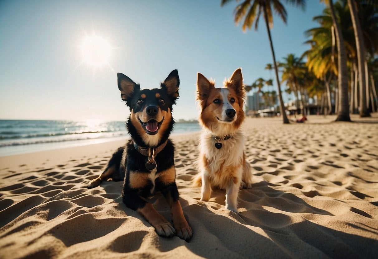 Palm trees sway in the warm breeze on a sandy beach, with a clear blue sky above. A few dogs play in the distance, while others relax with their owners