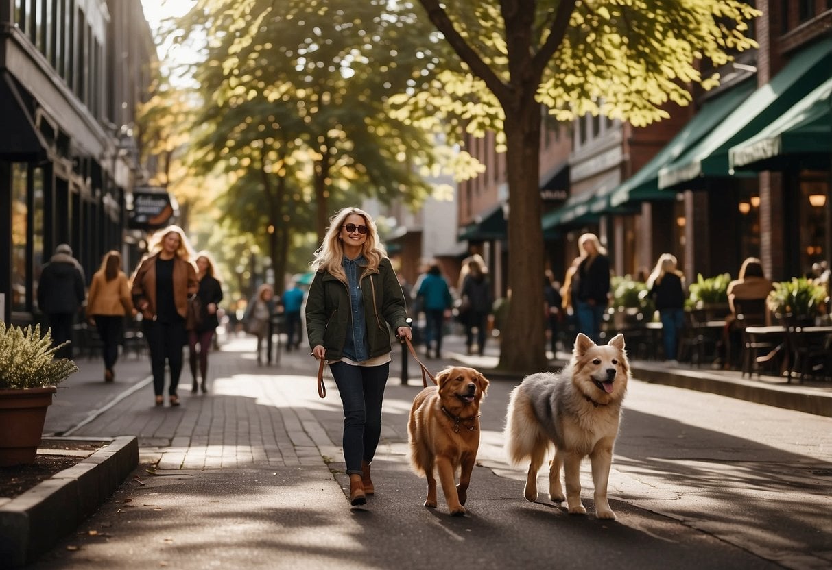 A bustling street in Portland, Oregon, lined with dog-friendly cafes, shops, and parks. Dogs of all shapes and sizes are seen happily strolling with their owners, enjoying the city