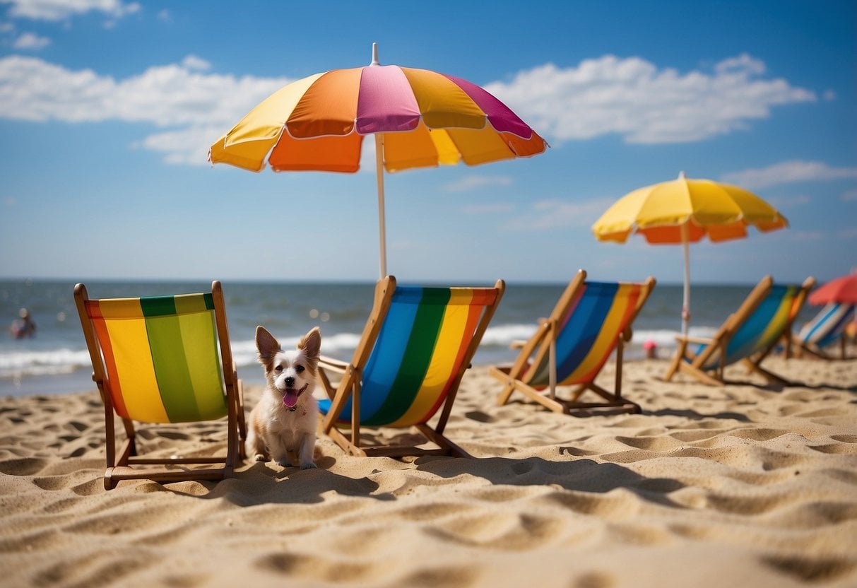 A sandy beach with colorful umbrellas and dogs playing in the gentle waves under a clear blue sky at Rehoboth Beach, Delaware