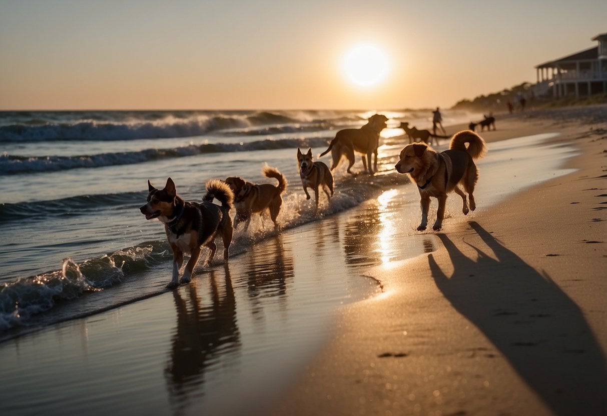 The sun sets over a sandy beach in the Outer Banks, North Carolina. Dogs play in the surf as families relax in the background