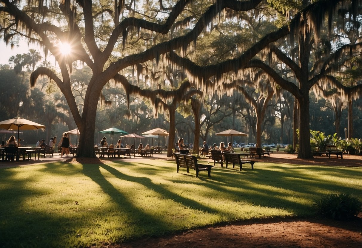 A sunny day in Savannah, Georgia. Dogs play in a lush park, while their owners relax at pet-friendly cafes and hotels nearby