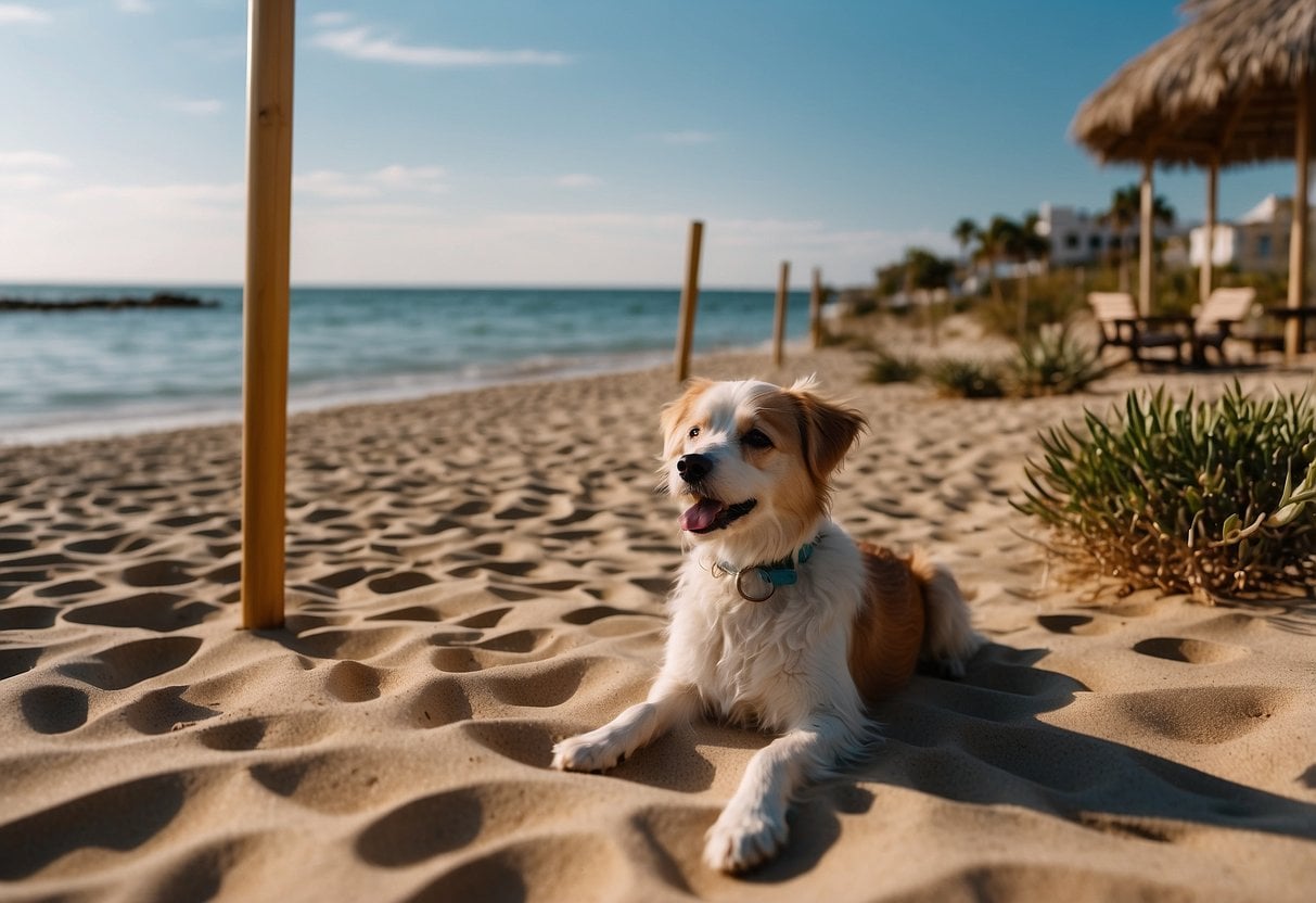 A sandy beach with a calm ocean, where dogs play and splash in the water. Nearby, a shaded area with comfortable seating for pet owners