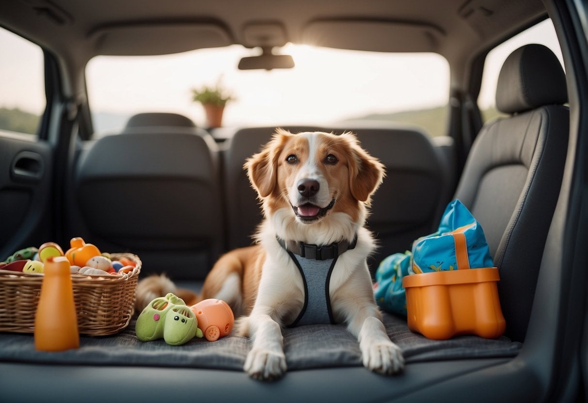 A dog sits in a car surrounded by a travel bed, food bowl, leash, and toys. In the background, a map shows various dog-friendly vacation destinations