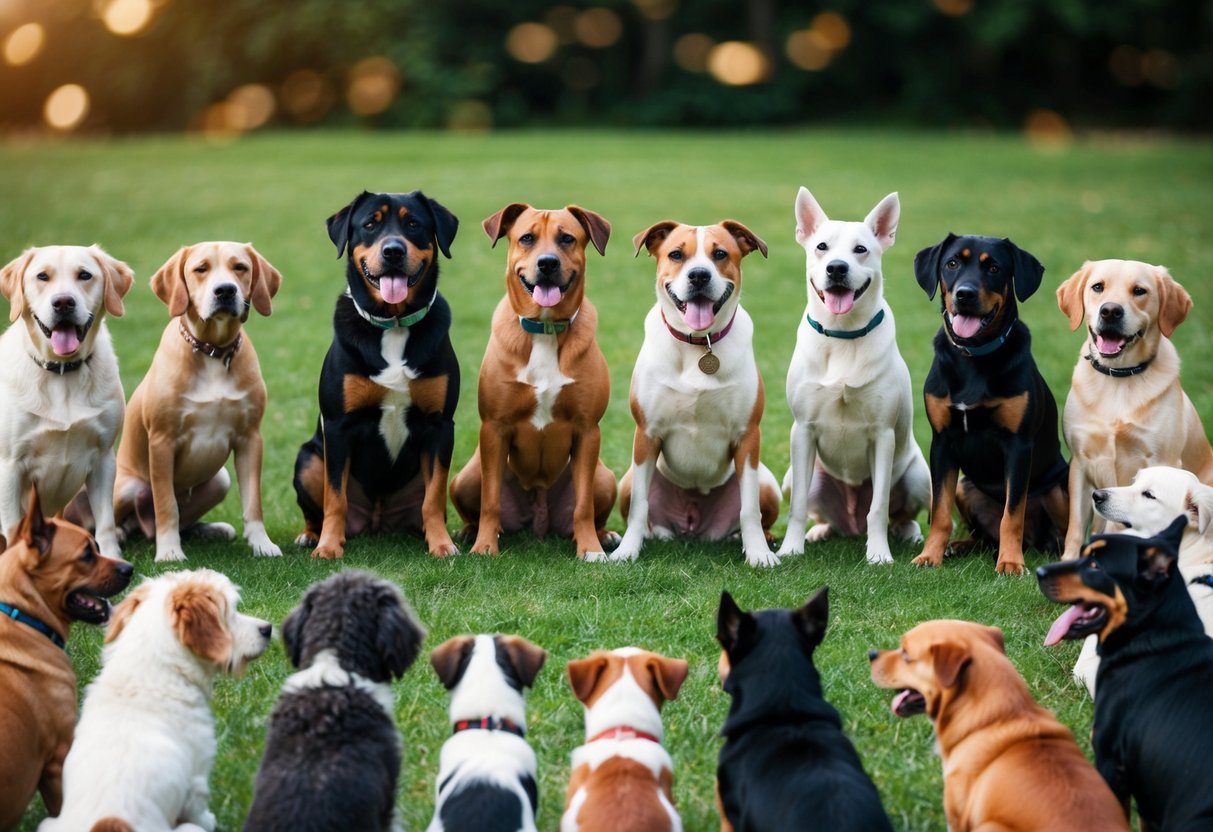A group of 20 different dog breeds, ranging from small to large, sit calmly in a circle, their attentive expressions and wagging tails exuding a comforting and calming presence