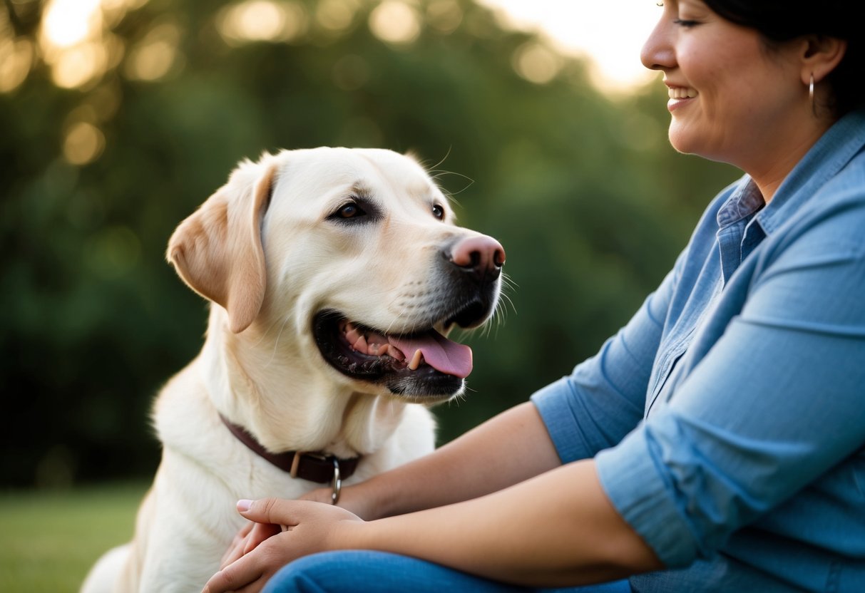 A happy Labrador Retriever sits beside a person, offering comfort and support. The dog
