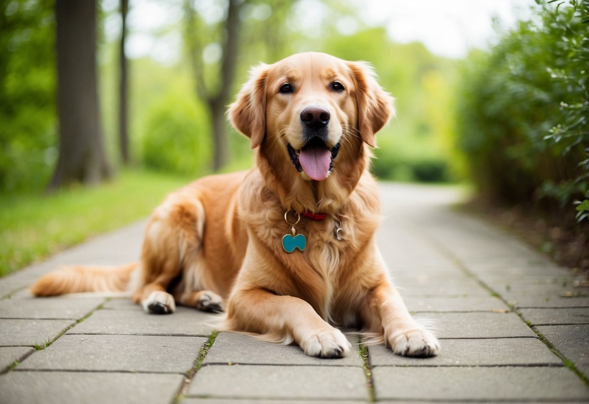A happy Golden Retriever sits calmly, surrounded by a serene environment, exuding a sense of comfort and companionship