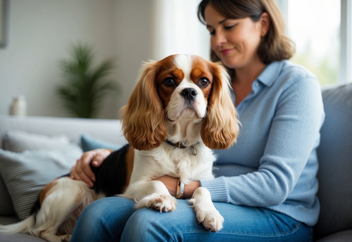 A Cavalier King Charles Spaniel sits calmly by its owner, providing comfort and support. The dog
