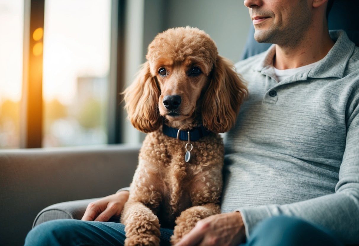 A poodle sits calmly beside a person, offering comfort with its gentle gaze and soft fur. The person looks relaxed and at ease, showing signs of relief from anxiety