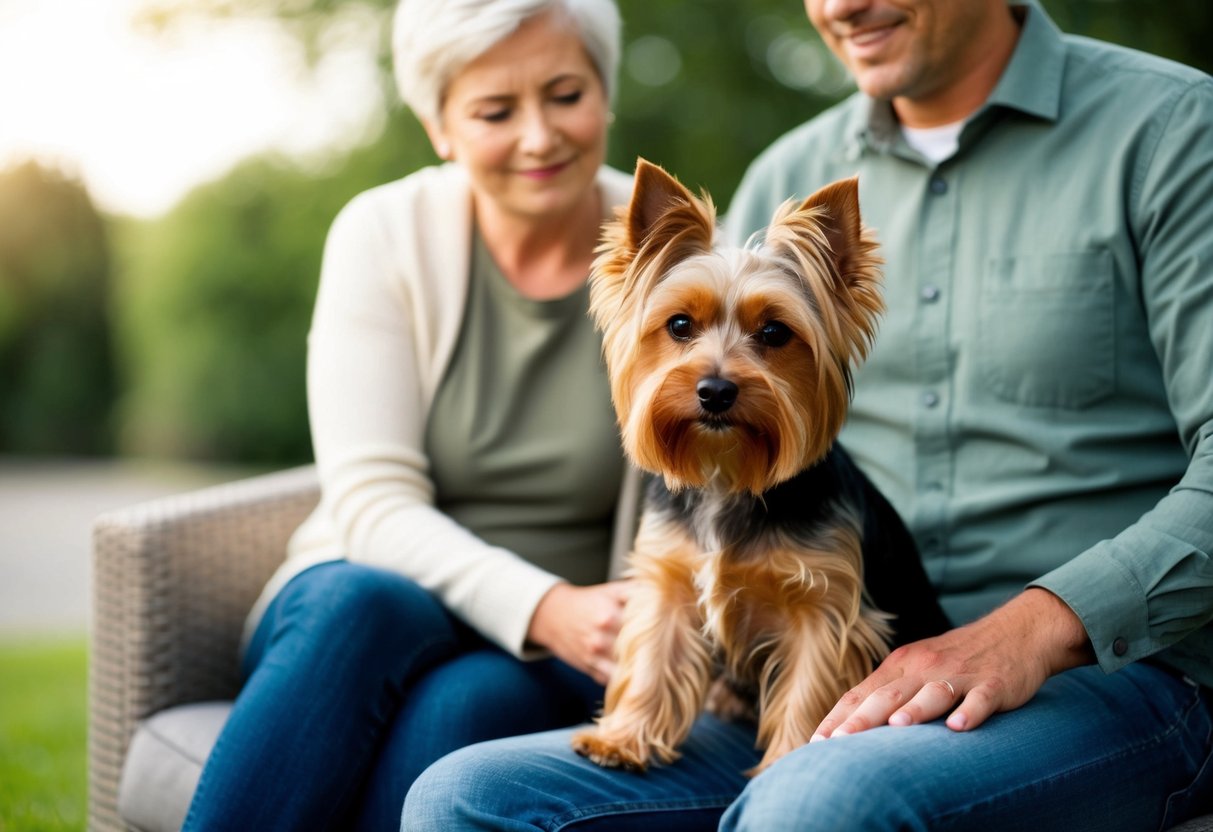 A Yorkshire Terrier sits calmly next to its owner, providing comfort and companionship as a top breed for anxiety relief