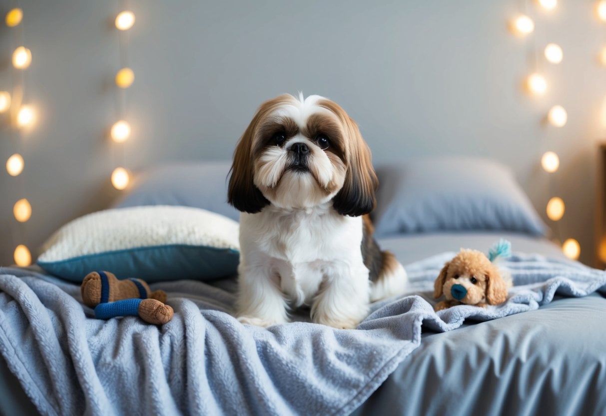 A Shih Tzu dog sits calmly on a soft blanket, surrounded by comforting objects like a cozy bed, a favorite toy, and a soothing color palette