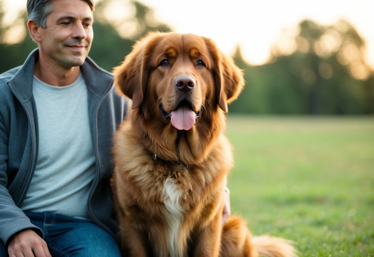 A Newfoundland dog sitting calmly beside a person, providing comfort and companionship