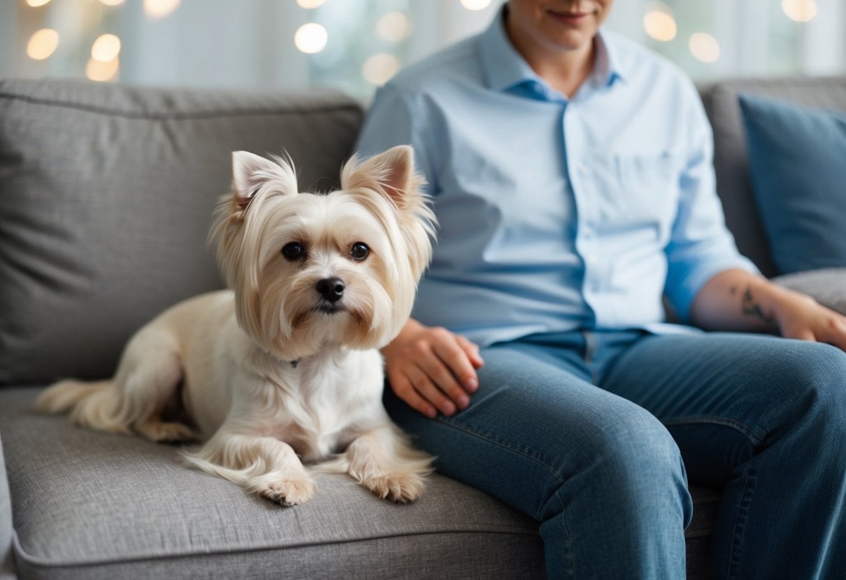 A Maltese dog sits calmly beside a person, providing comfort and support. The person looks relaxed and at ease, showing signs of reduced anxiety