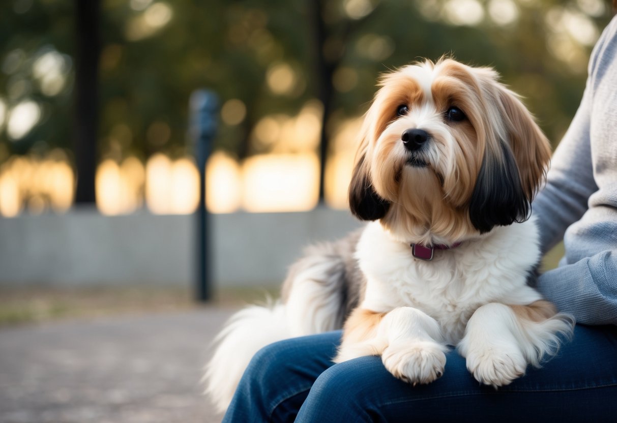 A Havanese dog sits calmly by a person