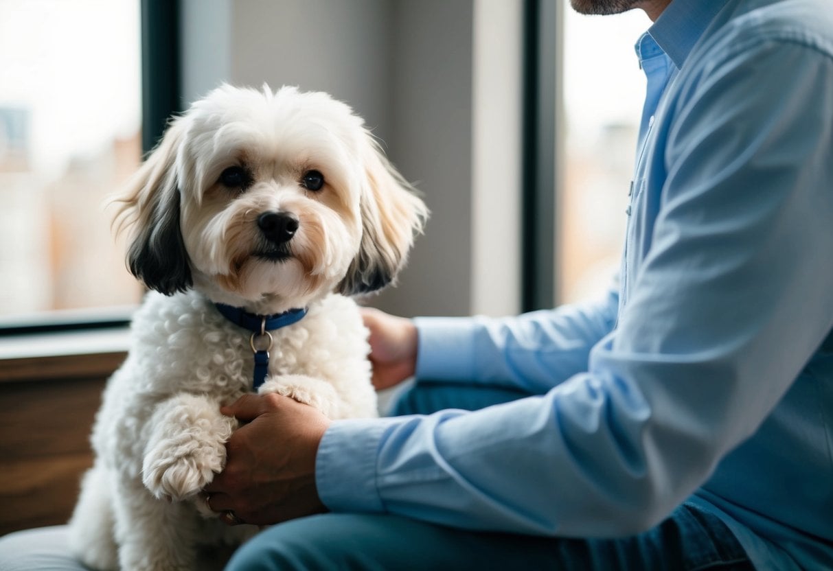 A Bichon Frise sits calmly beside a person, providing comfort and support. The dog