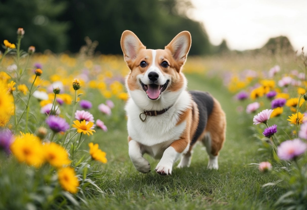 A happy Pembroke Welsh Corgi playing in a field of colorful flowers, surrounded by a calming and serene natural environment