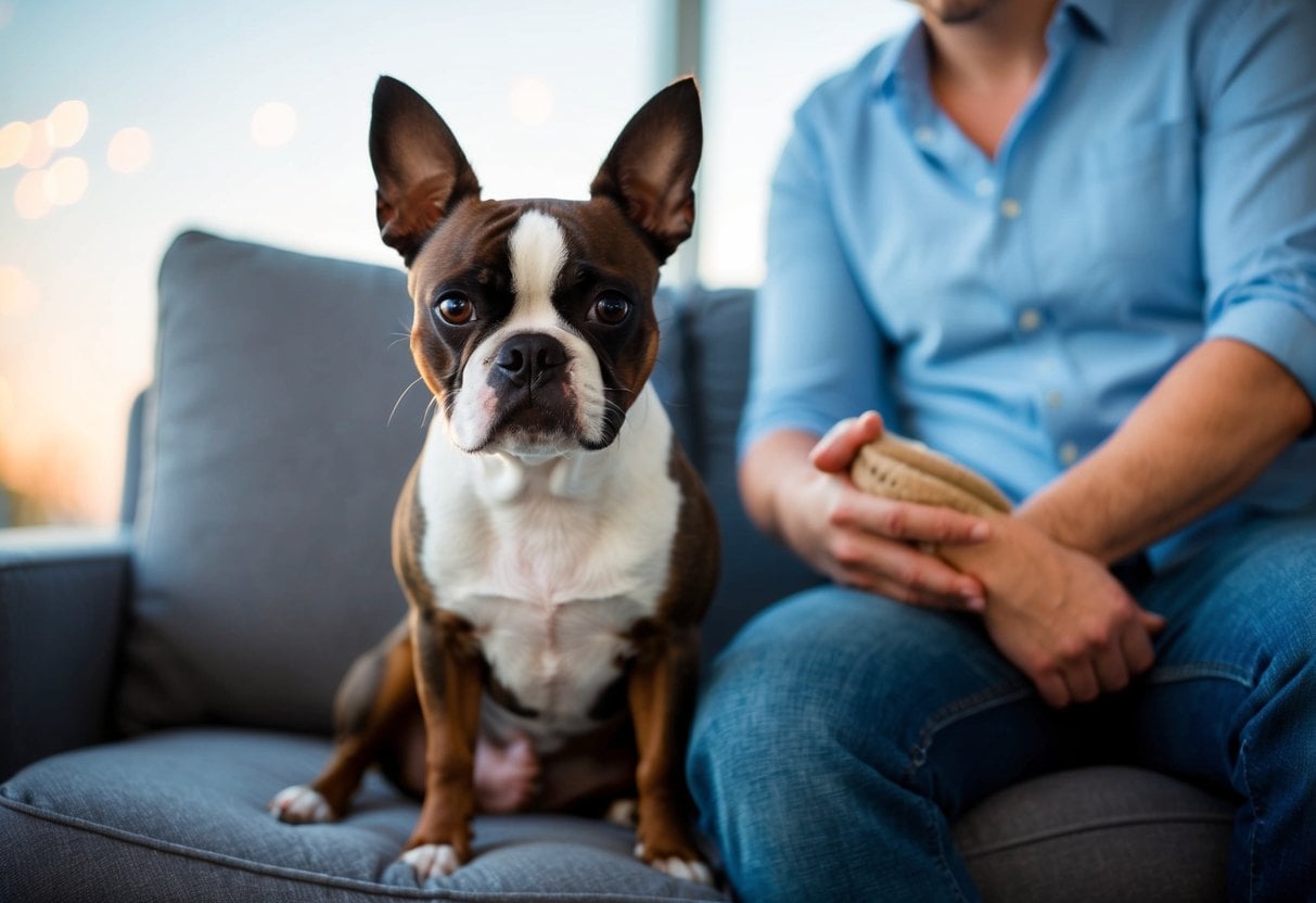 A Boston Terrier sitting next to a person, providing comfort and support