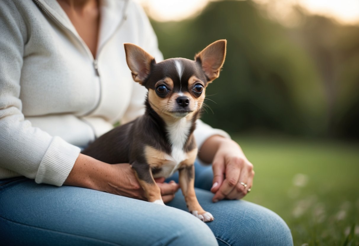 A small Chihuahua sits calmly beside its owner, offering comfort and companionship. The dog